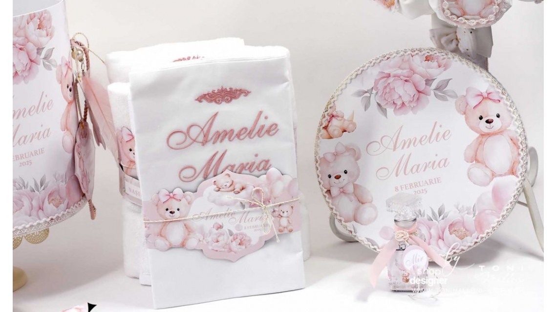 Trusou botez cu ursuleti si hortensii Teddy Bear Pink 14